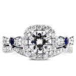 Sparkling Yaffie Halo Ring with White Gold, 1 1/6ct Moissanite and Sapphire Stones, and 3/5ct Total Diamond Weight.
