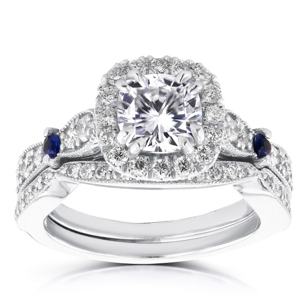 Sparkling Yaffie Halo Ring with White Gold, 1 1/6ct Moissanite and Sapphire Stones, and 3/5ct Total Diamond Weight.