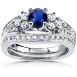 Vintage Bridal Set with Blue Sapphire and Diamond - Yaffie White Gold 1 1/6ct TCW