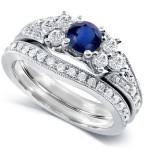 Vintage Bridal Set with Blue Sapphire and Diamond - Yaffie White Gold 1 1/6ct TCW