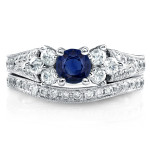 Vintage Bridal Set with Yaffie Blue Sapphire & Diamond in White Gold - 1 1/6ct TCW