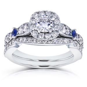 Antique Bridal Set featuring Yaffie White Gold, 1 1/6ct TCW Moissanite, Sapphire and Diamond 2 Ring Set.