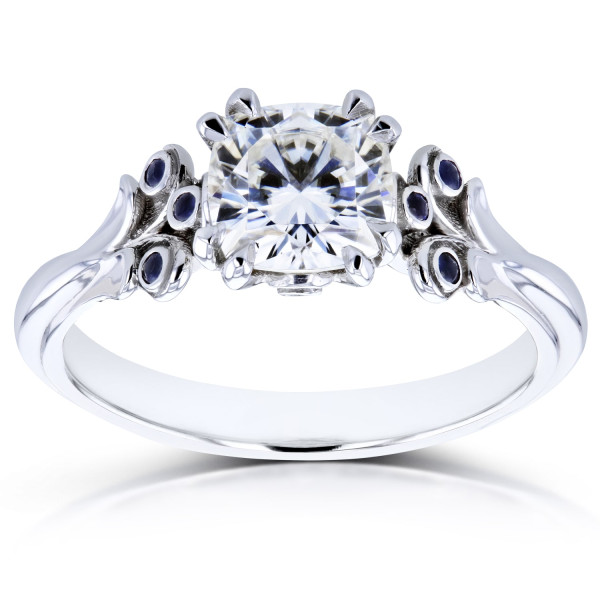 Unique White Gold Yaffie Ring with 1 1/6ct TGW Forever One GHI Moissanite, Sapphire, and Diamonds.