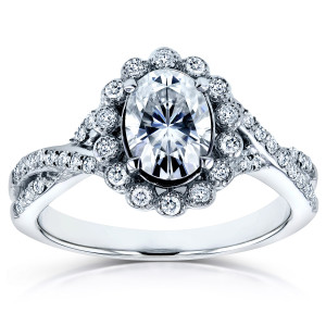 Vintage-inspired unique engagement ring with an oval Forever Brilliant Moissanite and Diamond gemstones totaling 1 1/6ct on a White Gold band - the Yaffie ring.