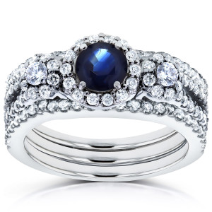 Bridal Set: Yaffie 3-Piece White Gold Rings with Sapphire and Diamonds (1 2/5ct TCW)