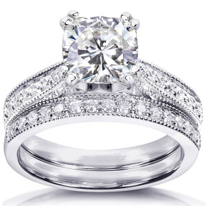 Antique Bridal Set Featuring Cushion Forever One DEF Moissanite and Diamond with 1 2/5ct TGW in Yaffie White Gold