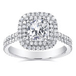 Double Halo White Gold Engagement Ring with Cushion Cut Diamonds totalling 1 3/4 carats by Yaffie.