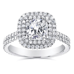 Double Halo White Gold Engagement Ring with Cushion Cut Diamonds totalling 1 3/4 carats by Yaffie.