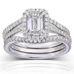 White Gold 3-Piece Bridal Set with Emerald-Cut Halo Diamond and 1 3/4ct Total Diamond Weight by Yaffie
