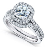White Gold Bridal Set with Cushion Cut Forever One DEF Moissanite and Diamond Halo, 1 3/5ct