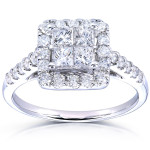 Radiant Yaffie White Gold Diamond Engagement Ring - Featuring a 1 3/8ct TDW Princess Cut and Stunning Quad Halo Design