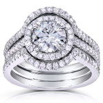 Forever One DEF Moissanite & Diamond Round Halo Bridal Rings - Yaffie White Gold 1 5/8ct TGW Fit!