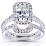 White Gold Radiant-Cut Bridal Ring Set with Forever Brilliant Moissanite and Diamond Halo, 1 5/8ct Total Gem Weight