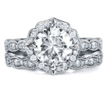 Floral Antique Bridal Set with Round-cut Moissanite and Diamond in White Gold, 1 7/8ct TGW by Yaffie.