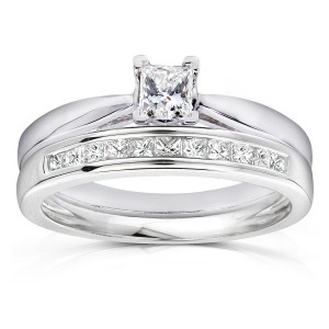 Sparkling Duo: Yaffie White Gold Princess Solitaire and Channel Band Bridal Ring Set