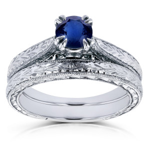 Vintage Bridal Set with Round Sapphire and Diamond Accents in Yaffie White Gold, featuring 1/2ct Total Gem Weight.