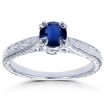 Vintage Engagement Ring with Round Sapphire and Diamond, 1/2ct TGW in Yaffie White Gold