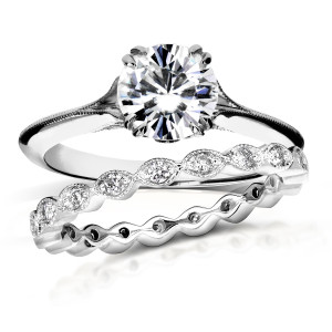Antique Floral Bridal Set with 1ct White Gold Brilliant Moissanite and 2/5ct TDW Diamonds by Yaffie