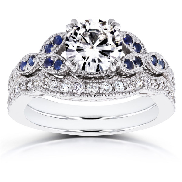Forever Brilliant 1ct Moissanite & Blue Sapphire Bridal Set with 1/4ct TDW Diamonds in Yaffie White Gold