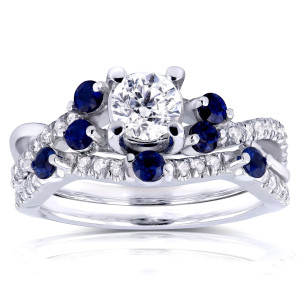 Sparkling White Gold Bridal Set with 1ct TCW Diamond and Blue Sapphire by Yaffie