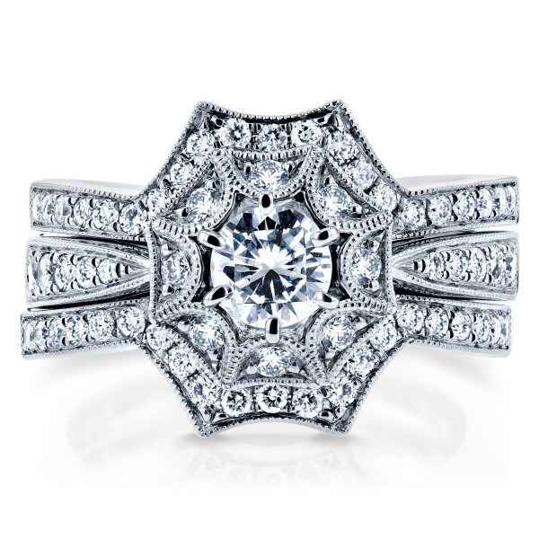 Starry Bridal Rings Set with 1ct TDW Diamonds in White Gold by Yaffie, 3-Piece