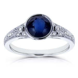 Vintage Engagement Ring with Round Bezel Sapphire, Diamond Accents, and 1ct TGW in Yaffie White Gold