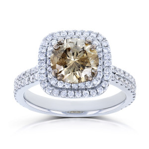 Brown and White Diamond Double Halo Ring with a 2 1/4ct TDW in Yaffie White Gold.