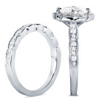 Vintage-inspired Bridal Ring Set with Cushion-cut Moissanite and Diamond Floral Accents in White Gold