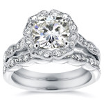 Vintage-inspired Bridal Ring Set with Cushion-cut Moissanite and Diamond Floral Accents in White Gold