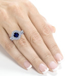 Vintage Bridal Set with Double Halo of Diamonds and 2 5/8ct Round Sapphire in White Gold by Yaffie