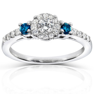 Blue and White Diamond Three Stone Engagement Ring with 2/5ct of Yaffie White Gold