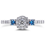 Blue and White Diamond Three Stone Engagement Ring with 2/5ct of Yaffie White Gold