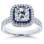 White Gold 2ct TCW Forever One Moissanite with Diamond and Sapphire Cushion Halo Engagement Ring - Custom Made By Yaffie™