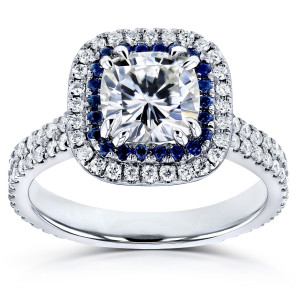 Sparkling and Timeless Yaffie White Gold Engagement Ring with 2ct TCW Forever One Moissanite, Diamond, and Sapphire Cushion Halo