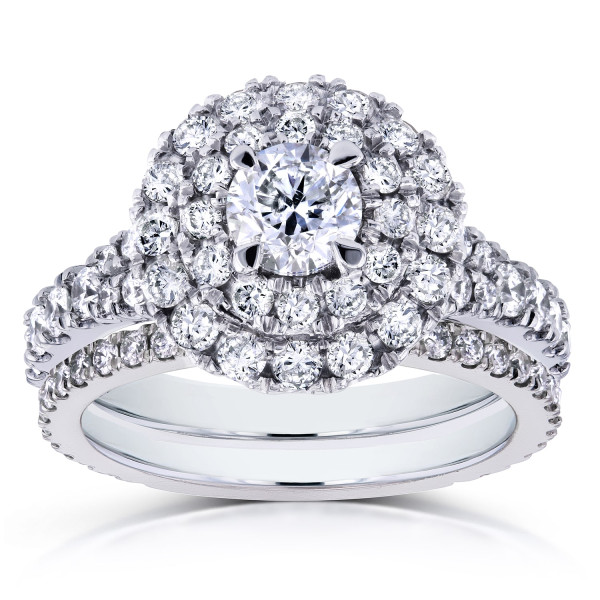 Yaffie White Gold Bridal Rings - Shimmering 2ct Round Diamond Cluster with Double Halo and Cathedral Design.