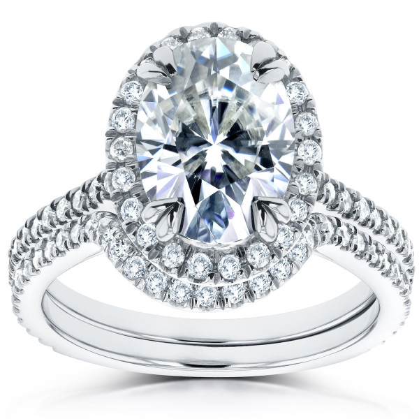 Bridal Perfection: Yaffie Oval Halo Rings with White Gold, 2ct TGW Forever Brilliant Moissanite and Diamonds.