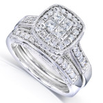 Yaffie Miligrain Princess Bridal Set with Quad Diamonds, 3/4ct TDW in Stunning White Gold, Two Rings
