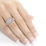 Yaffie Bridal Set: Princess Quad Diamond 2-ring Ensemble with Miligrain in White Gold, 3/4ct TDW