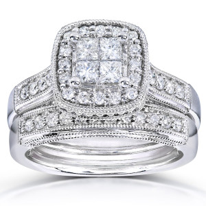 Yaffie Bridal Set: Princess Quad Diamond 2-ring Ensemble with Miligrain in White Gold, 3/4ct TDW