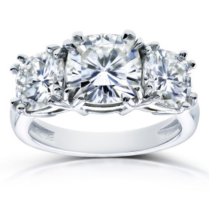 The Timeless Yaffie White Gold 3 Stone Engagement Ring with Cushion Cut 4 1/5ct TGW Forever One Moissanite