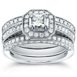 Radiant Halo Diamond Trio: Yaffie White Gold Bridal Rings with a 4/5ct TDW Princess-cut Sparkle