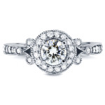 Antiquated Halo Ring, 4/5ct TDW Round-cut Sparkler in Yaffie White Gold.