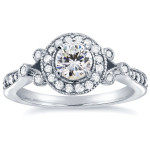 Antiquated Halo Ring, 4/5ct TDW Round-cut Sparkler in Yaffie White Gold.