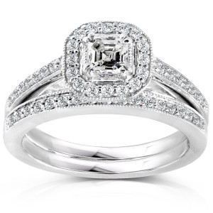 White Gold 5/8ct TDW Asscher Diamond Halo Bridal Ring Set - Custom Made By Yaffie™