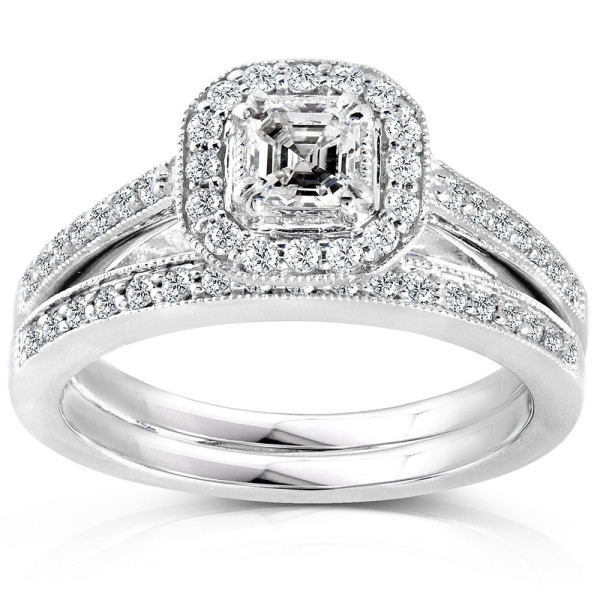 Asscher Diamond Halo Bridal Ring Set in Yaffie White Gold with 5/8ct TDW
