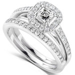 Bridal Set: Yaffie Asscher Diamond Halo Ring in White Gold, 5/8ct TDW