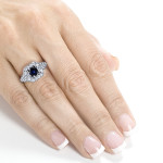 Wondrous Blue Sapphire & Diamond Milgrain Antique Engagement Ring in Yaffie White Gold (5mm & 1/3ct TDW)
