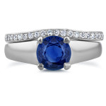Sparkling Sapphires and Diamonds White Gold Bridal Set- 6.5 MM Stone and 1/6ct TDW