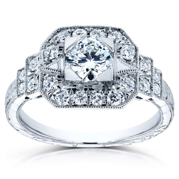 Fancy Antique Milgrain Diamond Engagement Ring in White Gold with 7/8 TDW by Yaffie