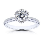 Flower-Embellished Engagement Ring with 7/8ct TCW Moissanite and Diamond Accents in White Gold by Yaffie